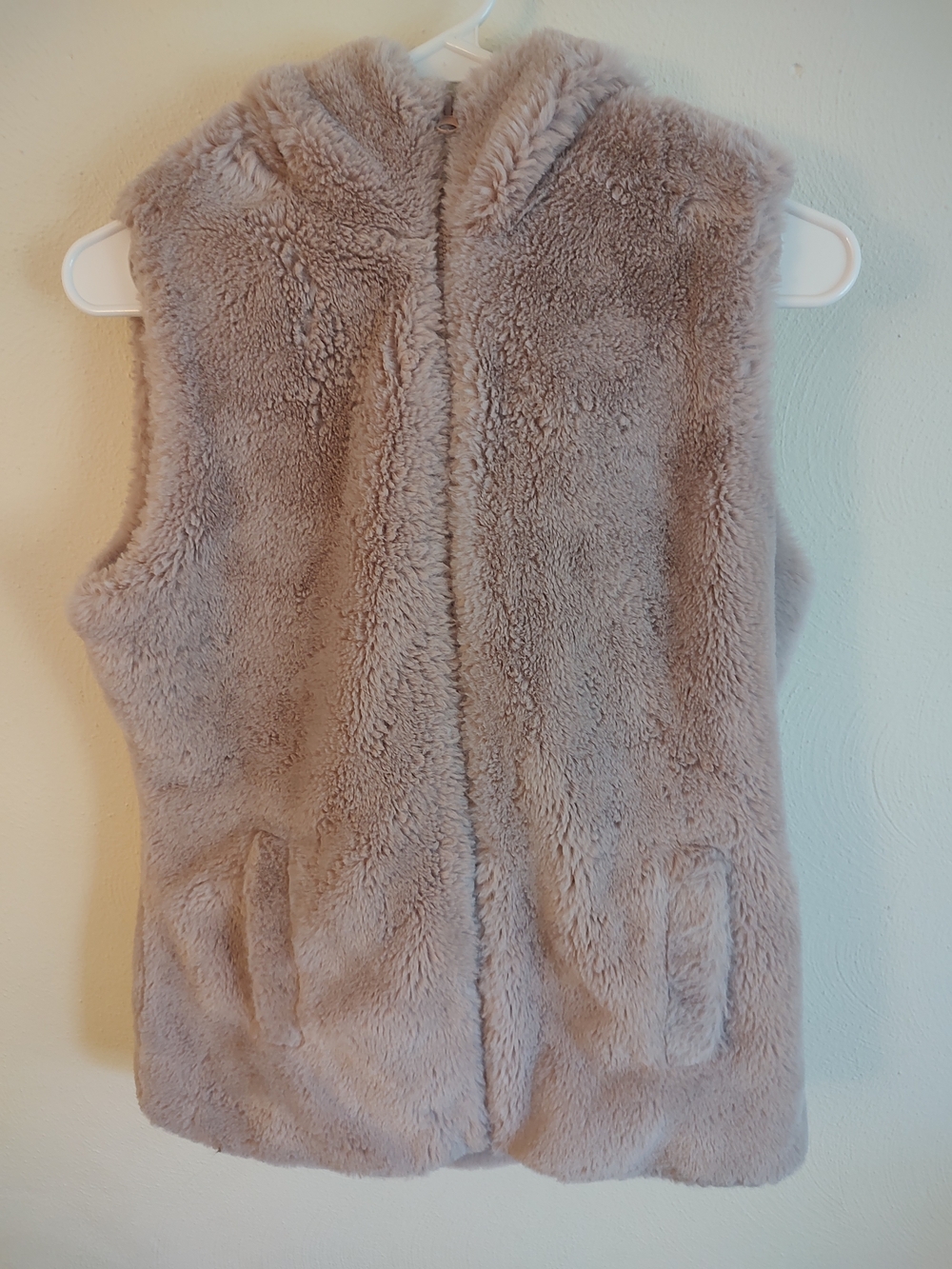 Gaiam Faux Fur Hooded Vest Mauve Taupe Teddy Plush Full Zip Pockets Small S